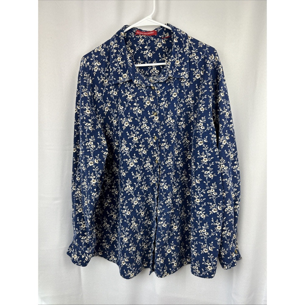 Gloria Vanderbilt Blue Corduroy Button Blouse Floral Boho Layering Size 2X/3X